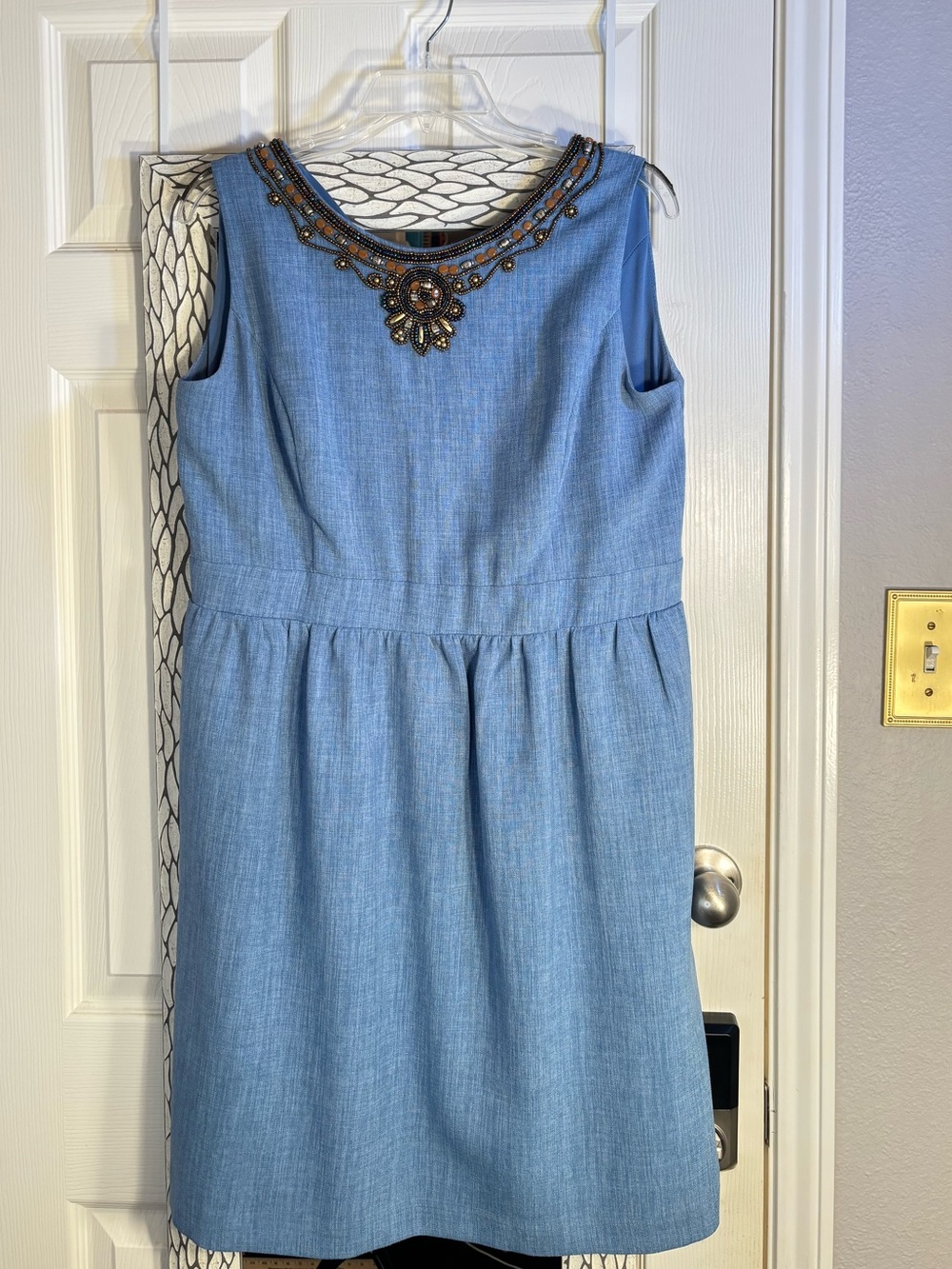 Ellen Tracy Light Blue Sleeveless Beaded-Neck Midi Dress
